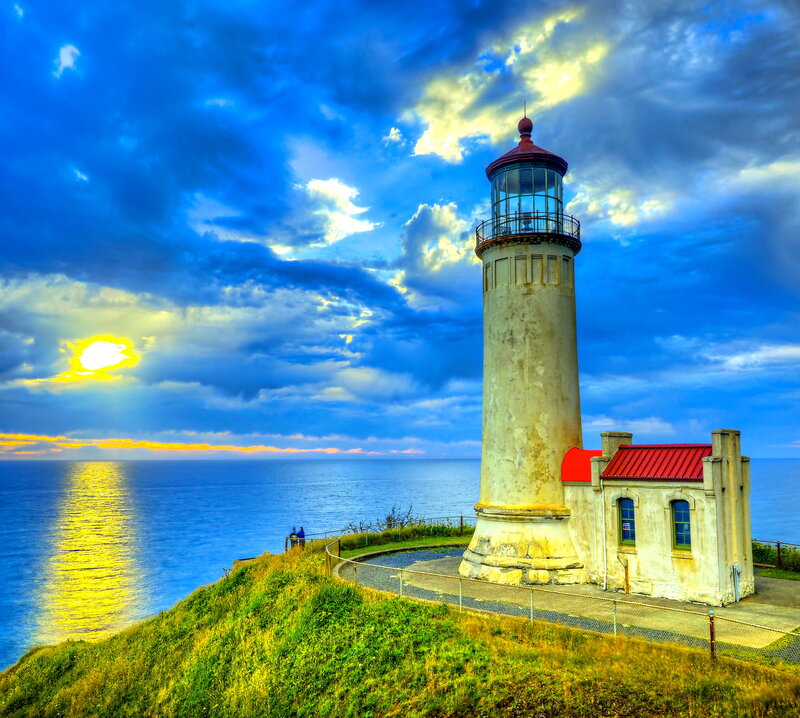 Lighthouse on Cliff — Blue, Dramatic, Sunset, Photograph, Ocean, Sky, Clouds, People