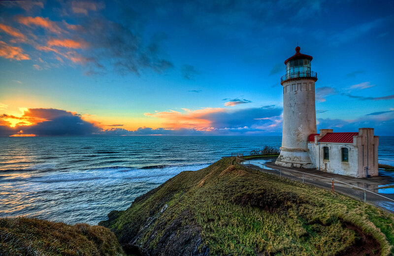 Lighthouse on Cliff — Blue, Dramatic, Sunset, Photograph, Ocean, Sky, Clouds