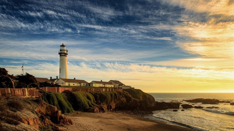 Lighthouse on Cliff — Blue, Dramatic, Sunset, Photograph, Ocean, Sky, Sand