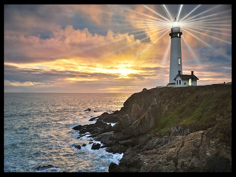 Lighthouse on Cliff — Blue, Dramatic, Sunset, Photograph, Ocean, Sky