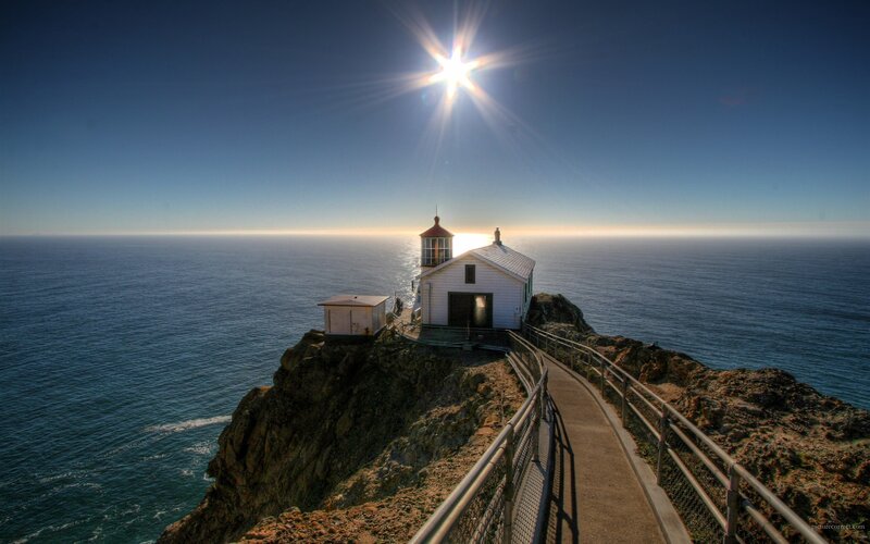 Lighthouse on Cliff — Blue, Dramatic, Sunset, Photograph, Ocean, Sun, Path