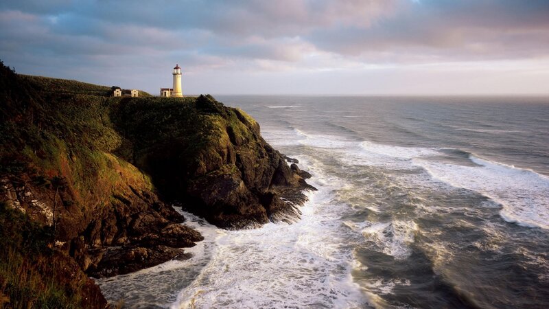 Lighthouse on Cliff — Blue, Dramatic, Sunset, Photograph, Ocean, Waves