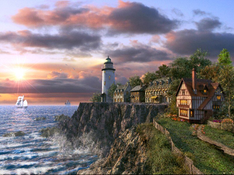 Lighthouse on Cliff — Blue, Dramatic, Sunset