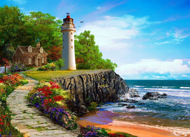 Lighthouse on Cliff — Blue, Serene, Afternoon, Digital Art