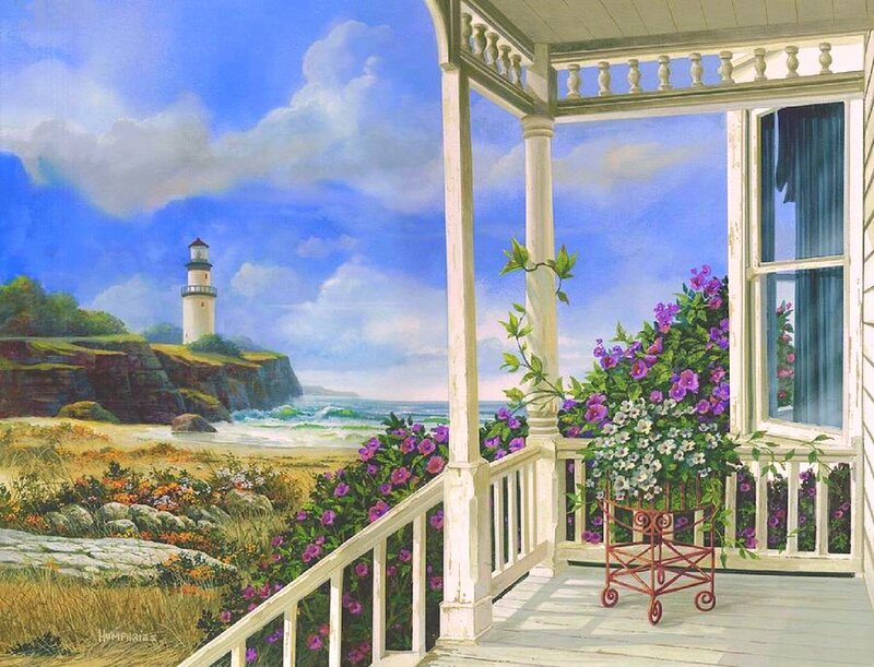 Lighthouse on Cliff — Blue, Serene, Afternoon, Painting