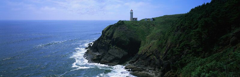 Lighthouse on Cliff — Blue, Serene, Afternoon, Photograph, Ocean, Trees, Green, White