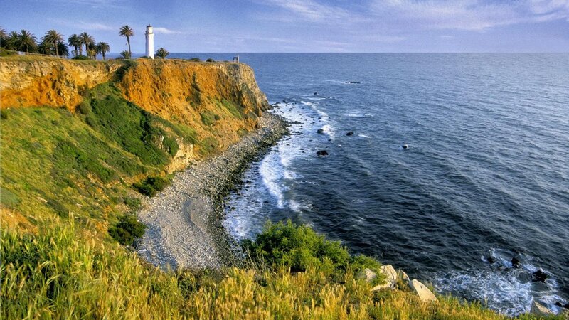 Lighthouse on Cliff — Blue, Serene, Afternoon, Photograph