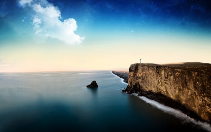 Lighthouse on Cliff — Blue, Serene, Dusk, Photograph