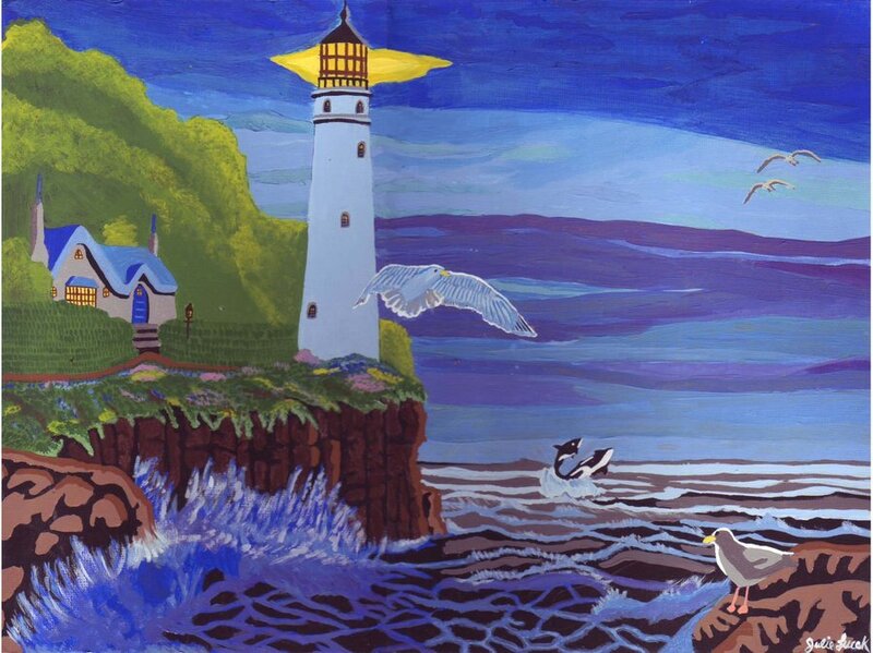 Lighthouse on Cliff — Blue, Serene, Night, Painting