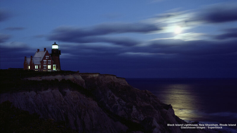 Lighthouse on Cliff — Blue, Serene, Night, Photograph, Ocean, Moon