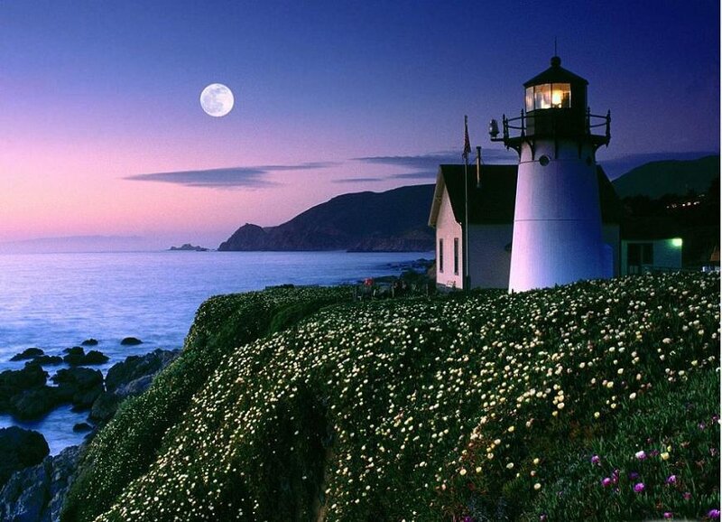 Lighthouse on Cliff — Blue, Serene, Night, Photograph