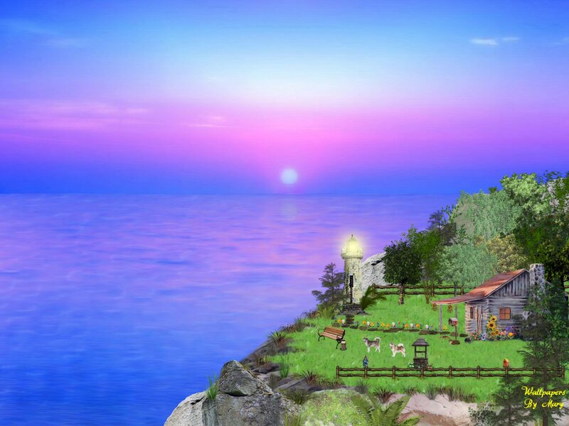 Lighthouse on Cliff — Blue, Serene, Sunset, Digital Art