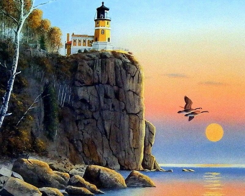 Lighthouse on Cliff — Blue, Serene, Sunset, Painting, Birds