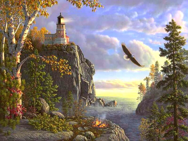 Lighthouse on Cliff — Blue, Serene, Sunset, Painting, Eagle