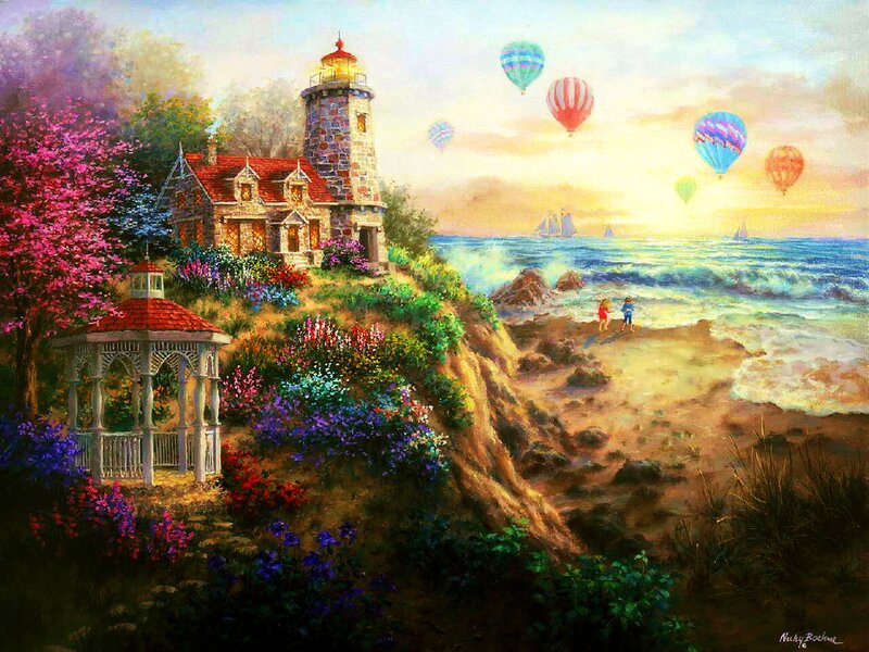 Lighthouse on Cliff — Blue, Serene, Sunset, Painting, Hot Air Balloons