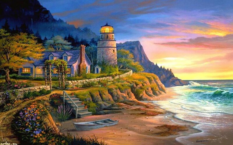 Lighthouse on Cliff — Blue, Serene, Sunset, Painting, House, Boat, Ocean