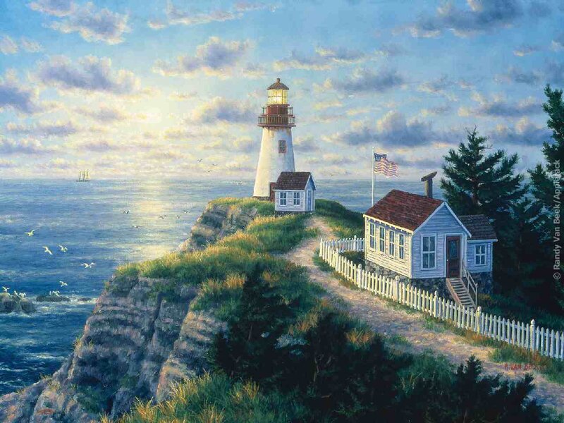 Lighthouse on Cliff — Blue, Serene, Sunset, Painting, House, Flag