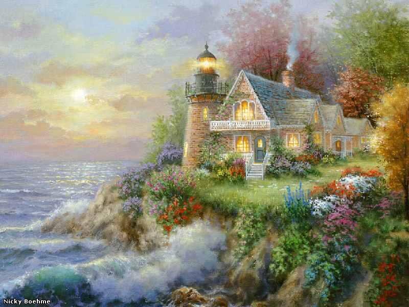 Lighthouse on Cliff — Blue, Serene, Sunset, Painting, House, Ocean, Flowers
