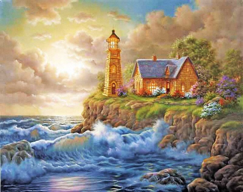 Lighthouse on Cliff — Blue, Serene, Sunset, Painting, House, Ocean, Waves