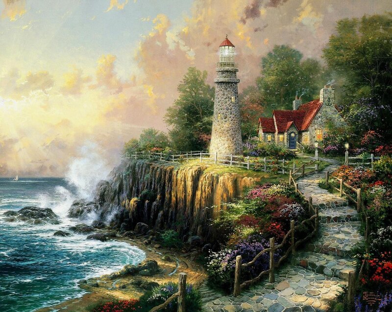 Lighthouse on Cliff — Blue, Serene, Sunset, Painting, House, Path