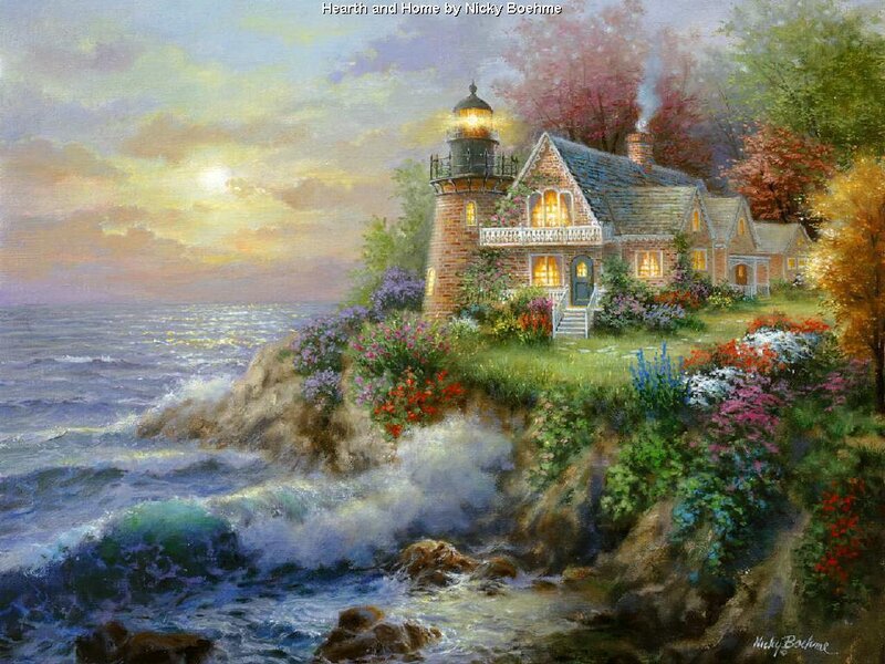 Lighthouse on Cliff — Blue, Serene, Sunset, Painting, House