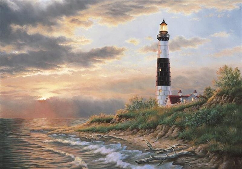 Lighthouse on Cliff — Blue, Serene, Sunset, Painting, Ocean