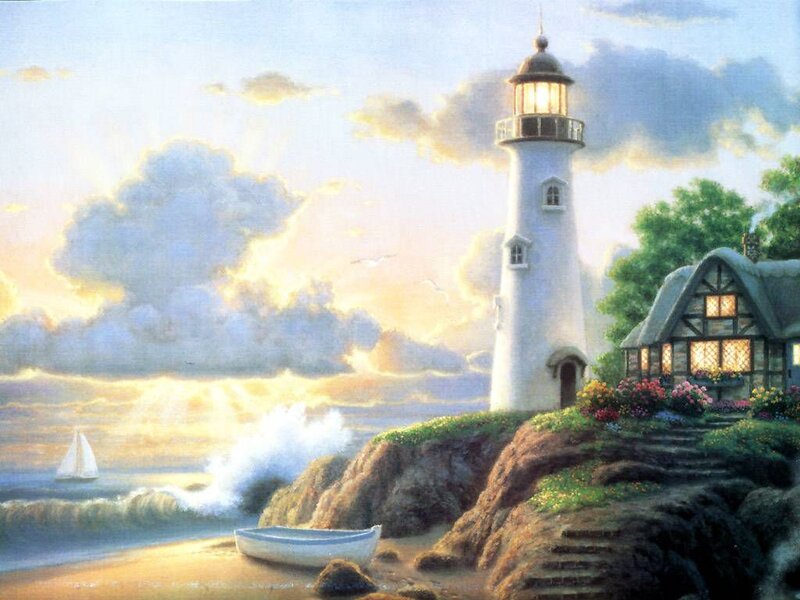 Lighthouse on Cliff — Blue, Serene, Sunset, Painting, Sailboat