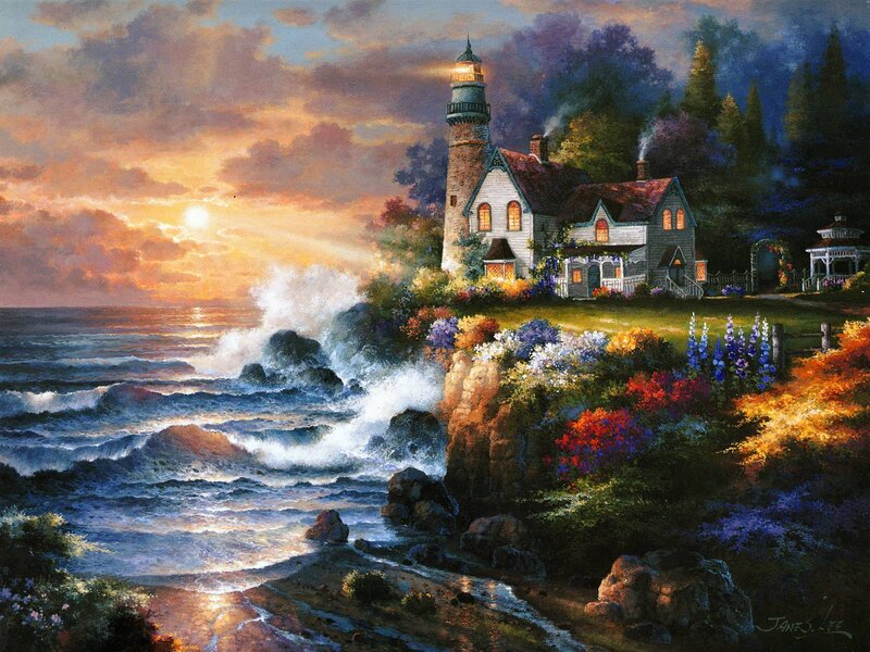 Lighthouse on Cliff — Blue, Serene, Sunset, Painting