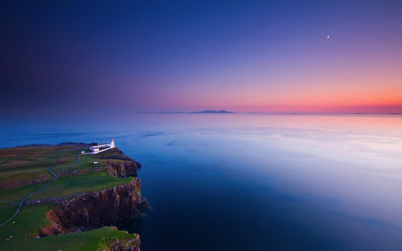 Lighthouse on Cliff — Blue, Serene, Sunset, Photograph, Moon