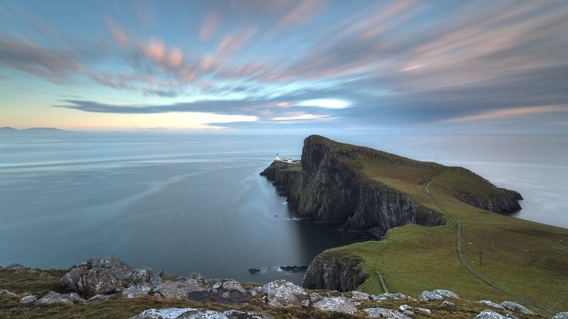 Lighthouse on Cliff — Blue, Serene, Sunset, Photograph, Ocean, Sky, Path