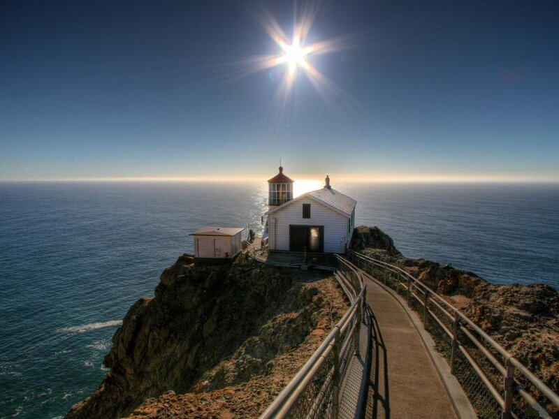 Lighthouse on Cliff — Blue, Serene, Sunset, Photograph