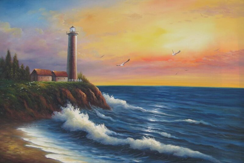 Lighthouse on Cliff — Blue, Serene, Sunset
