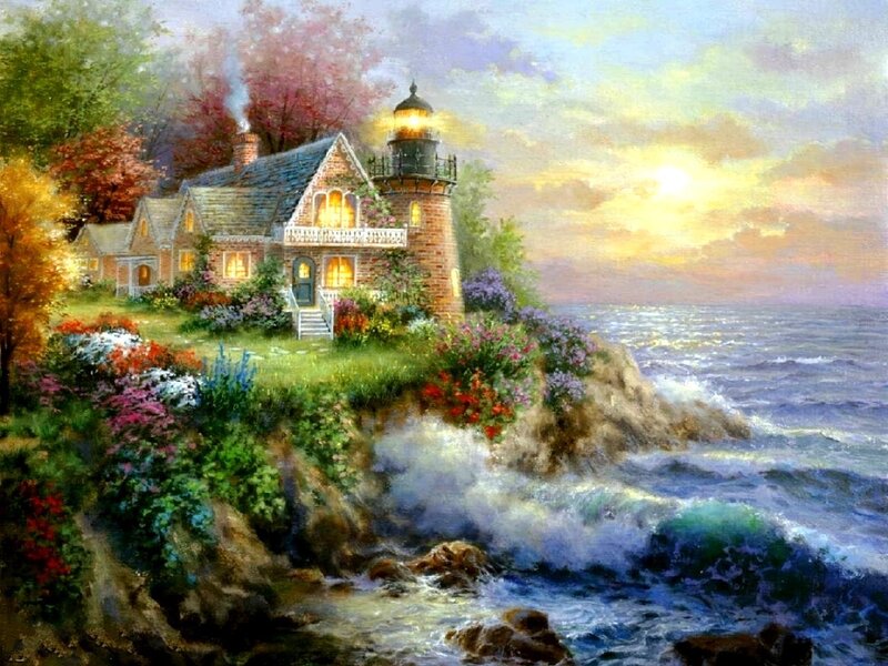Lighthouse on Cliff — Blue, Serene