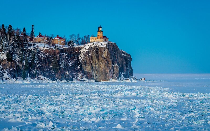 Lighthouse on Cliff — Blue, Serene, Winter, Photograph