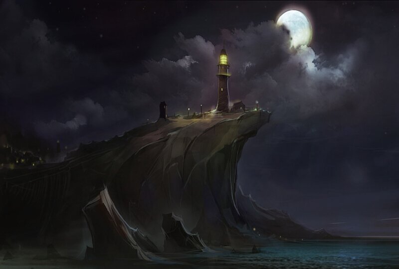 Lighthouse on Cliff — Dark Blue, Dramatic, Night