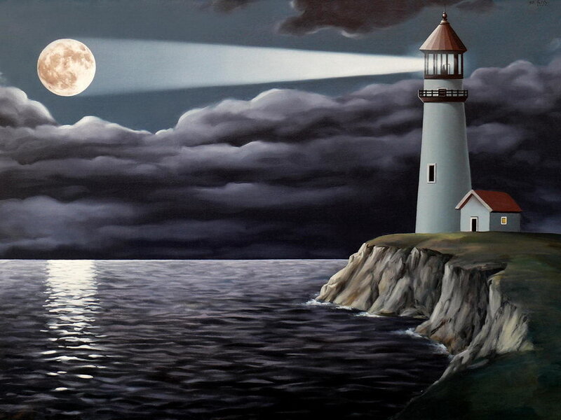 Lighthouse on Cliff — Gray, Dramatic, Night, Painting