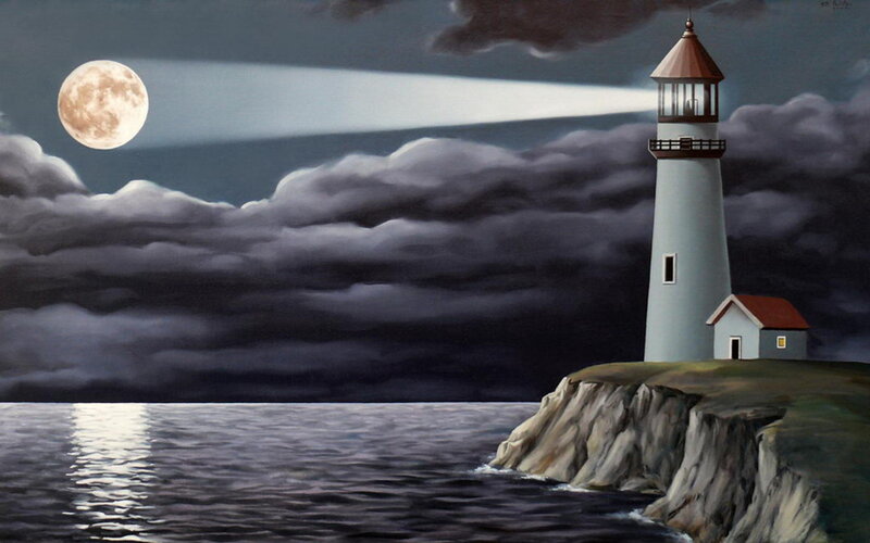 Lighthouse on Cliff — Gray, Dramatic, Night