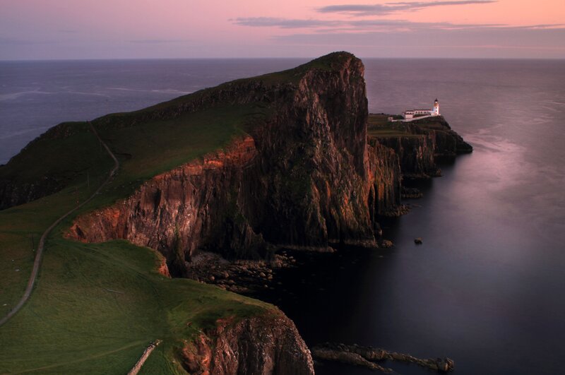 Lighthouse on Cliff — Green, Dramatic, Sunset, Photograph, Ocean, Path