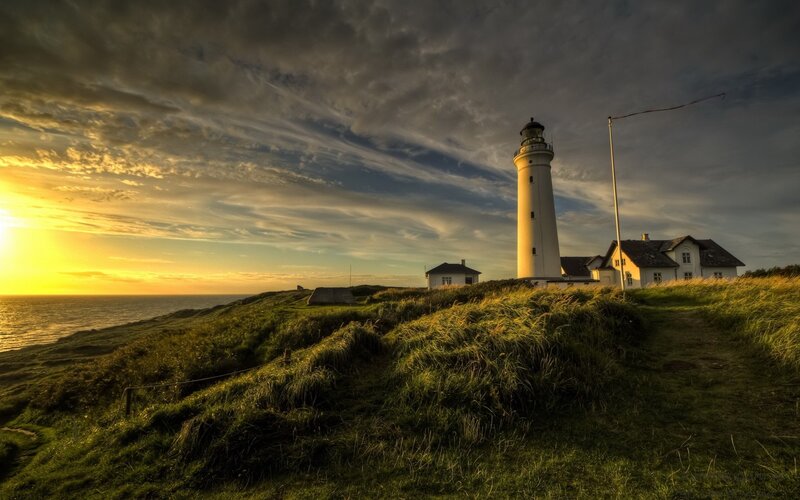 Lighthouse on Cliff — Green, Dramatic, Sunset, Photograph, Ocean