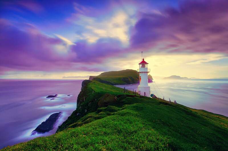 Lighthouse on Cliff — Green, Dramatic, Sunset, Photograph