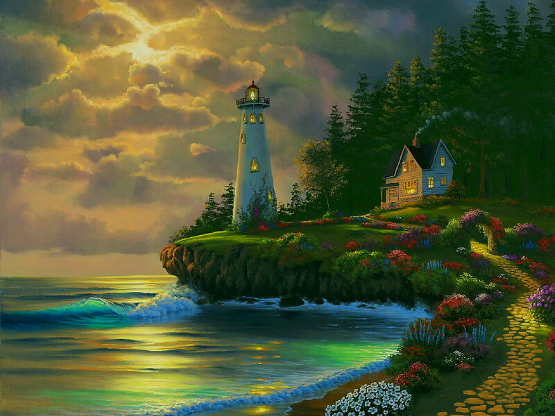 Lighthouse on Cliff — Green, Dramatic, Sunset
