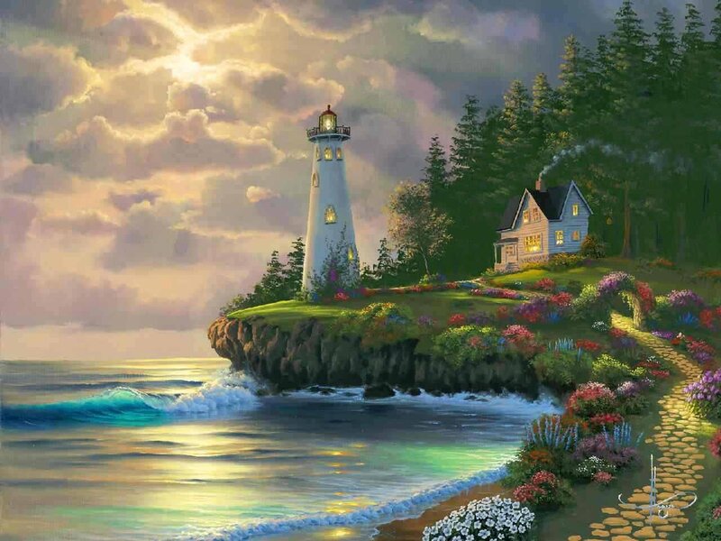 Lighthouse on Cliff — Green, Serene, Sunset, Painting