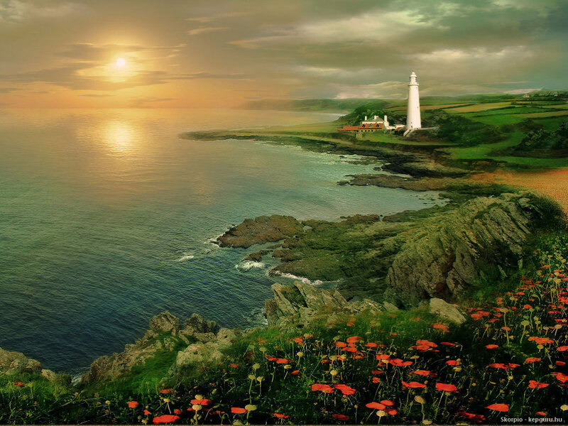 Lighthouse on Cliff — Green, Serene, Sunset