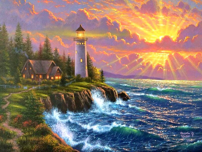 Lighthouse on Cliff — Orange, Dramatic, Sunset, Painting, House