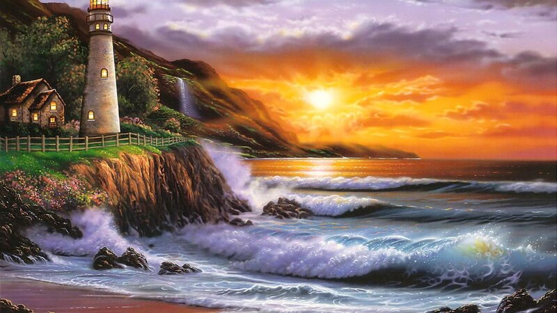 Lighthouse on Cliff — Orange, Dramatic, Sunset, Painting, Ocean, House