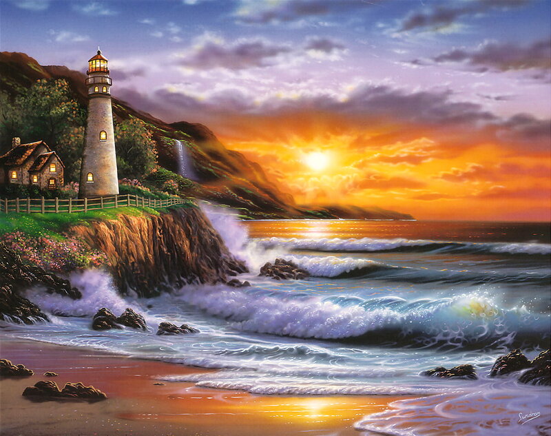 Lighthouse on Cliff — Orange, Dramatic, Sunset, Painting, Ocean