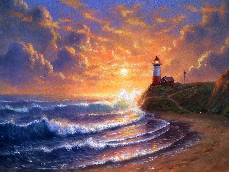 Lighthouse on Cliff — Orange, Dramatic, Sunset, Painting, Ocean, Waves