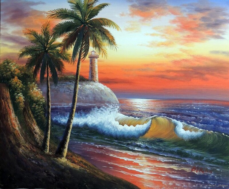 Lighthouse on Cliff — Orange, Dramatic, Sunset, Painting, Palm Trees