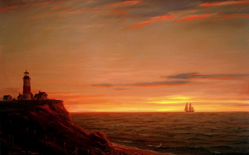 Lighthouse on Cliff — Orange, Dramatic, Sunset, Painting, Sailboat