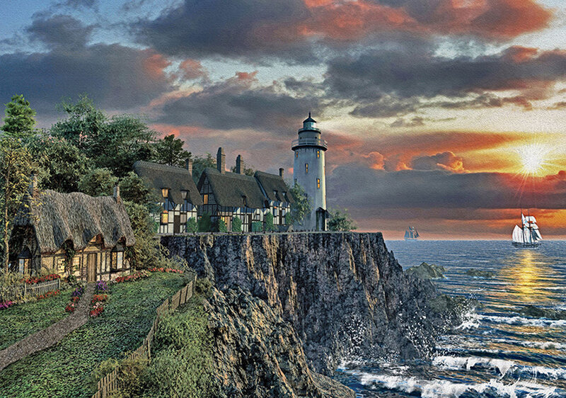 Lighthouse on Cliff — Orange, Dramatic, Sunset, Painting, Sailboats